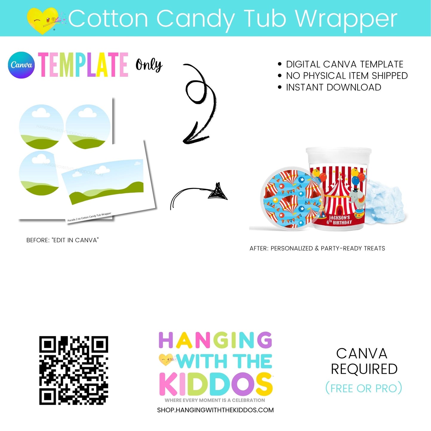 Cotton candy tub wrapper template with Canva branding and product display.