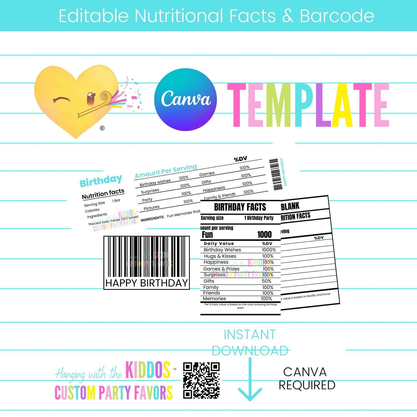 Editable Nutrition Facts Label and Barcode Template for Canva, customizable for various party favors and occasions.