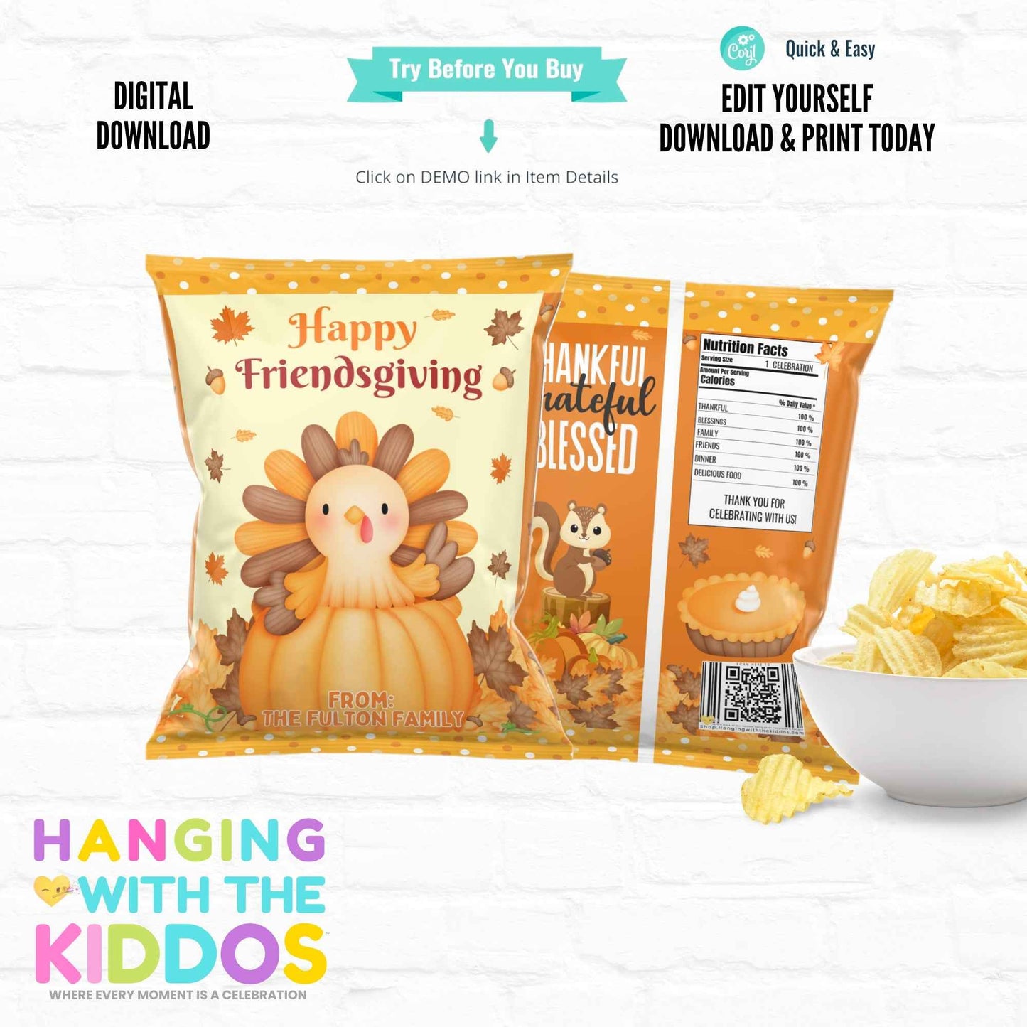 Thanksgiving Chip Bag Template - Personalized Party Favor Hanging with the Kiddos