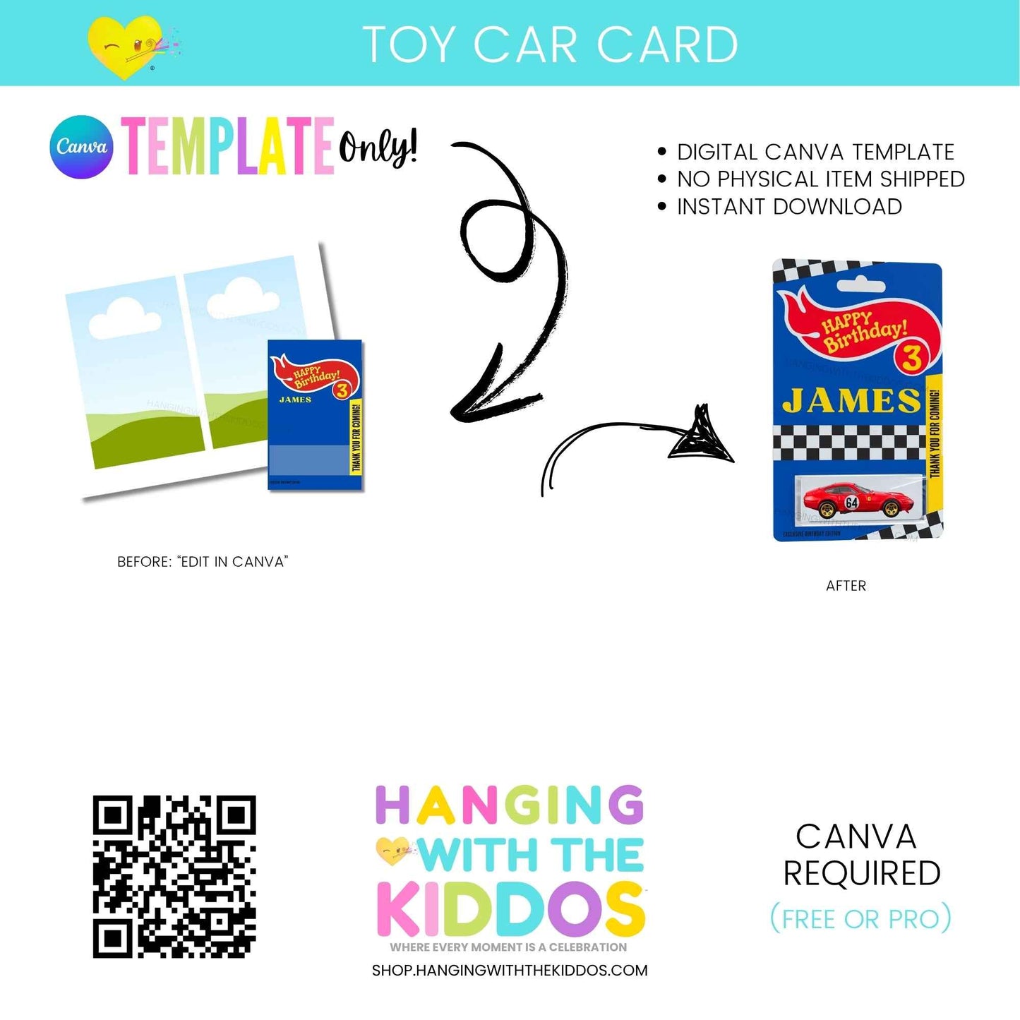 Editable Toy Car Card Template for party favors featuring a customizable birthday card design with toy car slot. Canva template, instant download.