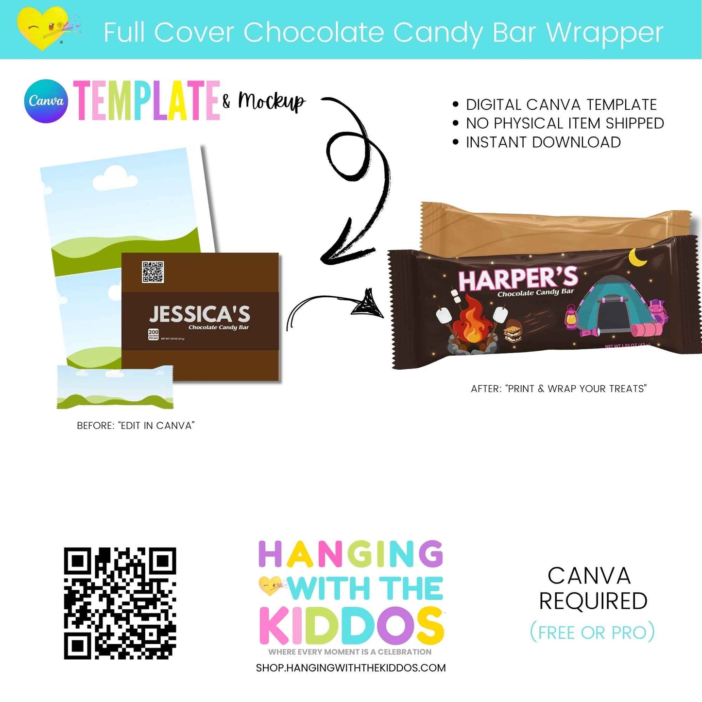 Candy Bar Wrapper Template for Any Event | Editable Canva design showing customizable chocolate bar wrappers with editable names and graphics. Ideal for party favors and celebrations.