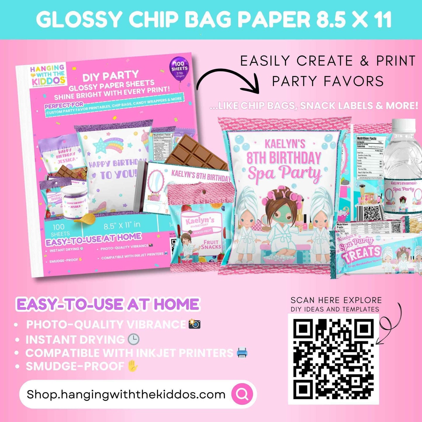 Glossy Chip Bag Paper – DIY Party Favor Sheets, 8.5x11, 100 Pack with spa party theme, highlighting easy-to-use, smudge-proof sheets for inkjet printers.