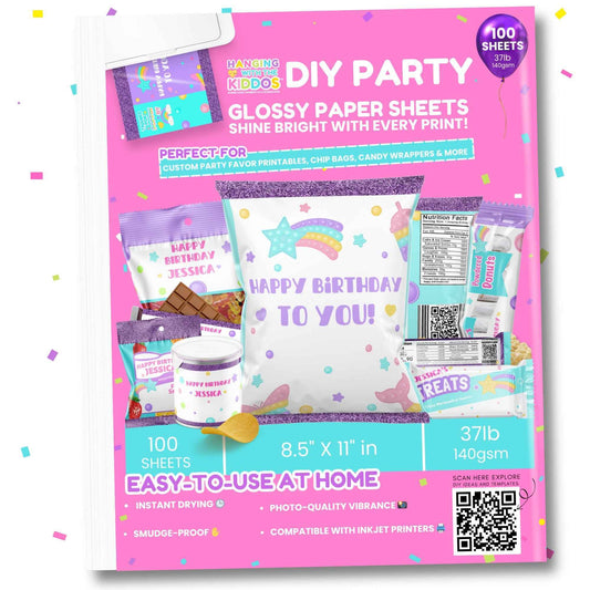 Glossy Chip Bag Paper – DIY Party Favor Sheets, 8.5x11, 100 Pack shown with custom birthday wrappers and vibrant print quality for inkjet printers.