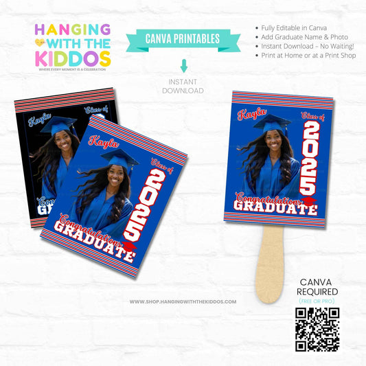 Graduation Hand Fan Printable Canva Template featuring a 2025 design with photo and name customization. Ideal for school ceremonies and party favors.