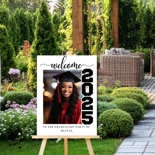 Graduation Welcome Sign - Editable Template | Customizable featuring a smiling graduate in cap and gown with bold '2025' text, ideal for party entrances.
