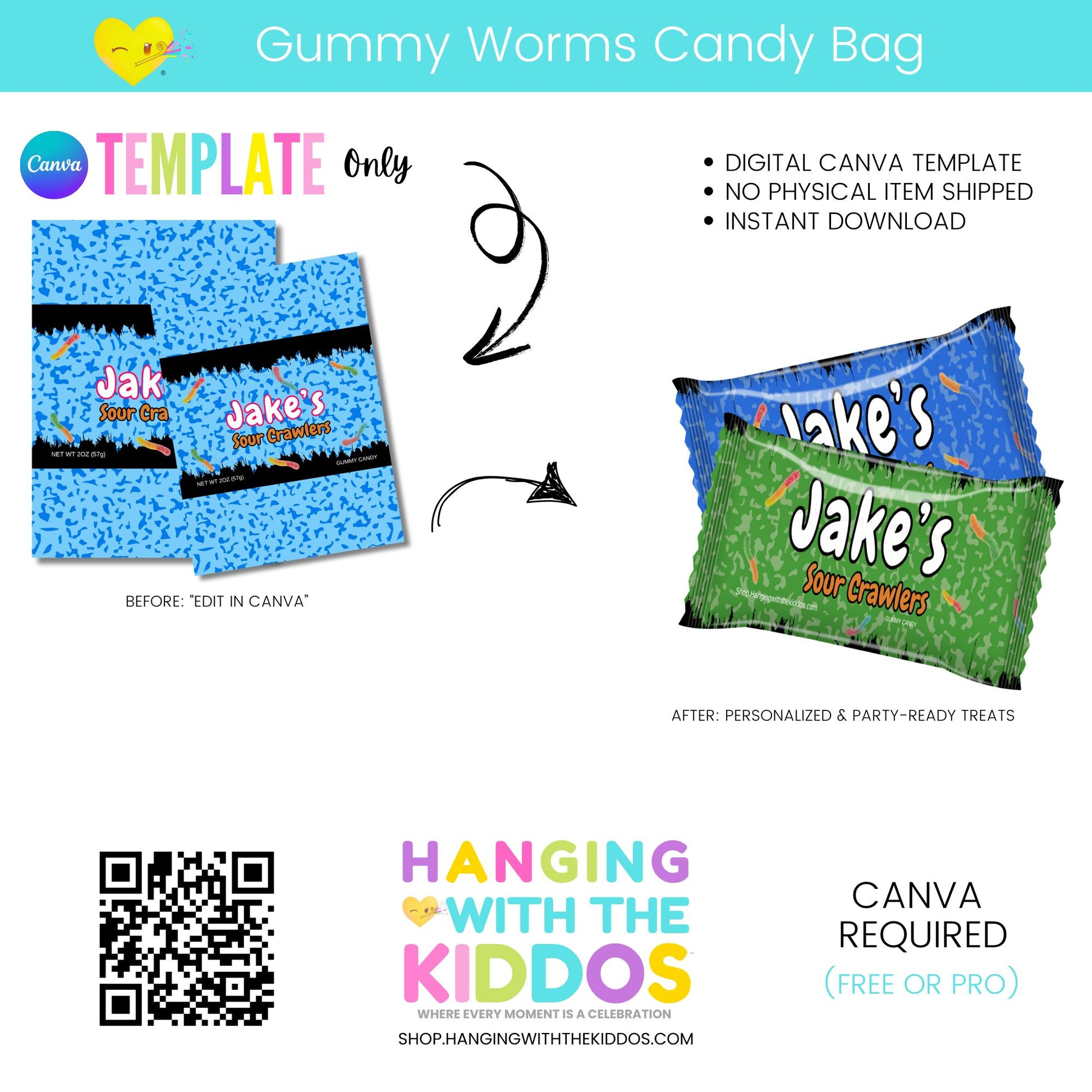 Gummy Worms Candy Bag template with Canva branding and a QR code for more information.