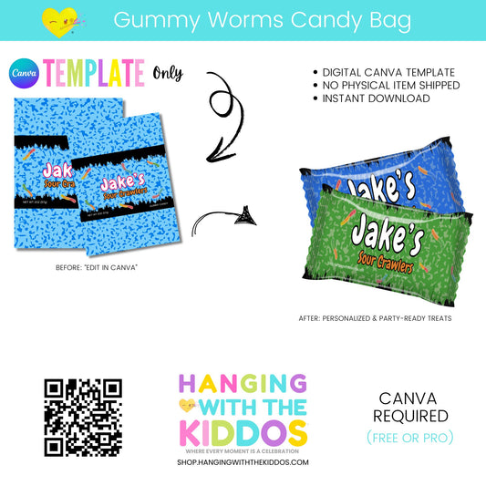 Gummy Worms Candy Bag template with Canva branding and a QR code for more information.