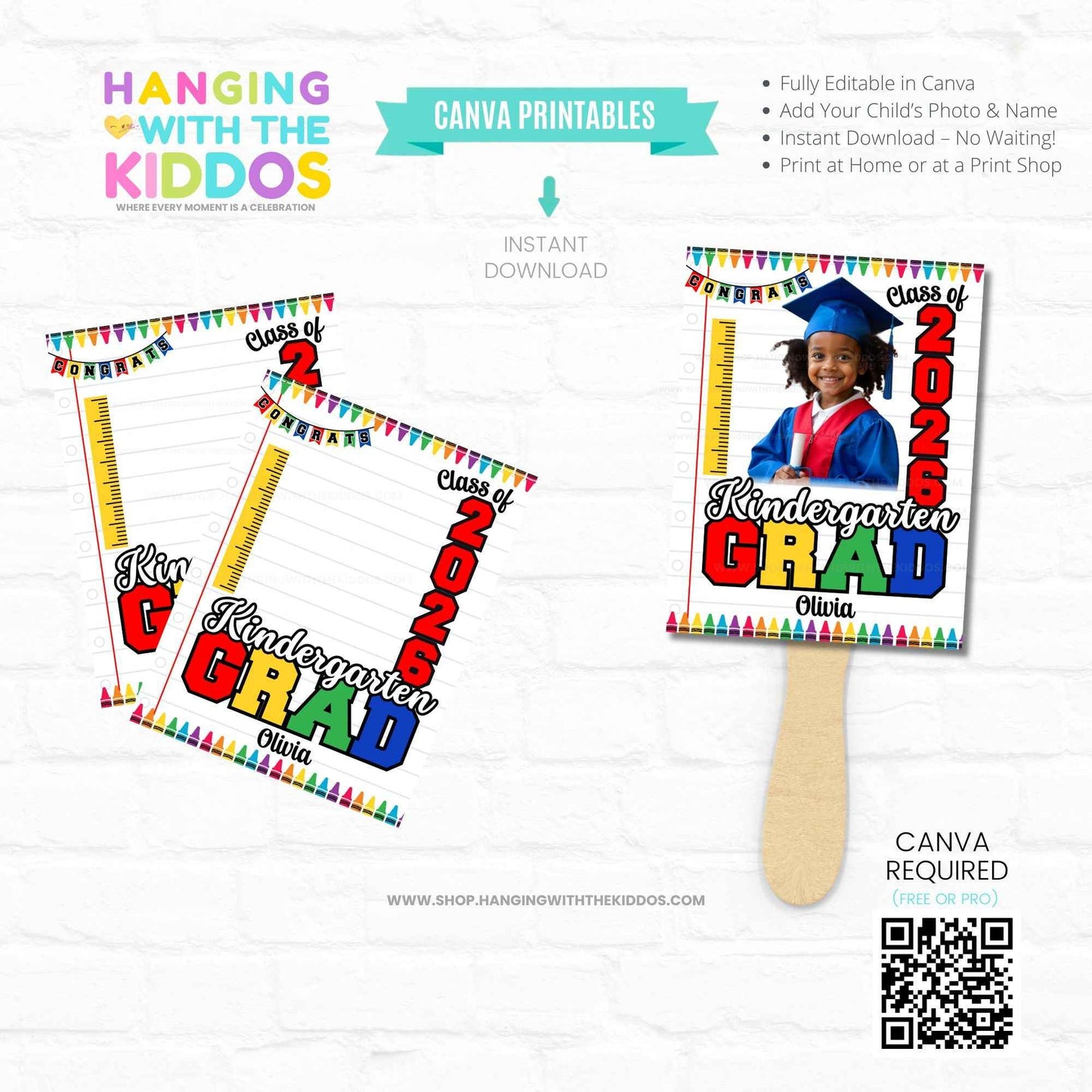 Editable Kindergarten Graduation Hand Fan Printable with colorful 'Class of 2026' design, photo space, and name field. Ideal for K-6 ceremonies.
