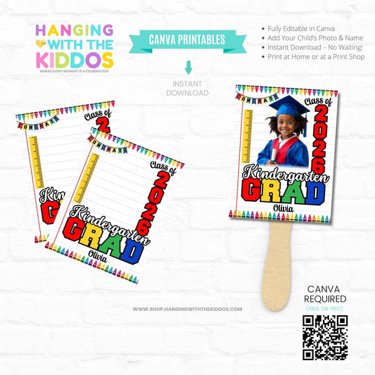 Editable Kindergarten Graduation Hand Fan Printable with colorful 'Class of 2026' design, photo space, and name field. Ideal for K-6 ceremonies.