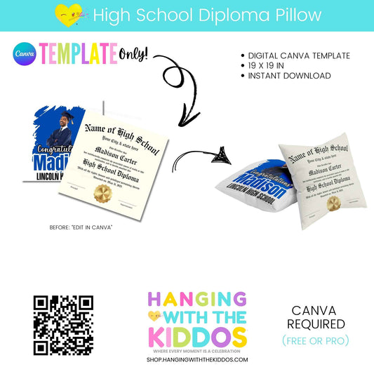 Diploma Pillow Canva Template - Editable Design | 19x19 featuring customizable high school diploma layout for graduation pillows. Ideal for senior gifts and party decor.