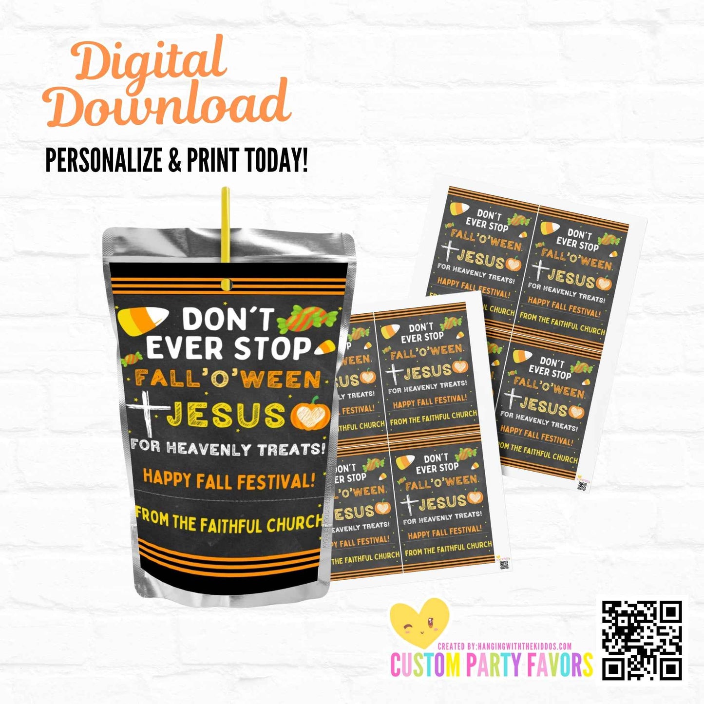 Instant Download Custom Juice Pouches for Church Events featuring 'Fall-o-ween Jesus' design, ideal for Fall Festivals and religious celebrations.