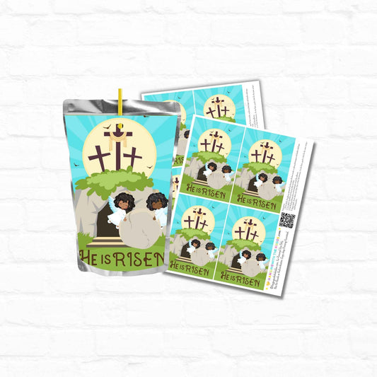 He Is Risen Easter Juice Pouch Labels featuring a resurrection scene with crosses and angels, ideal DIY religious favor for Easter party supplies.