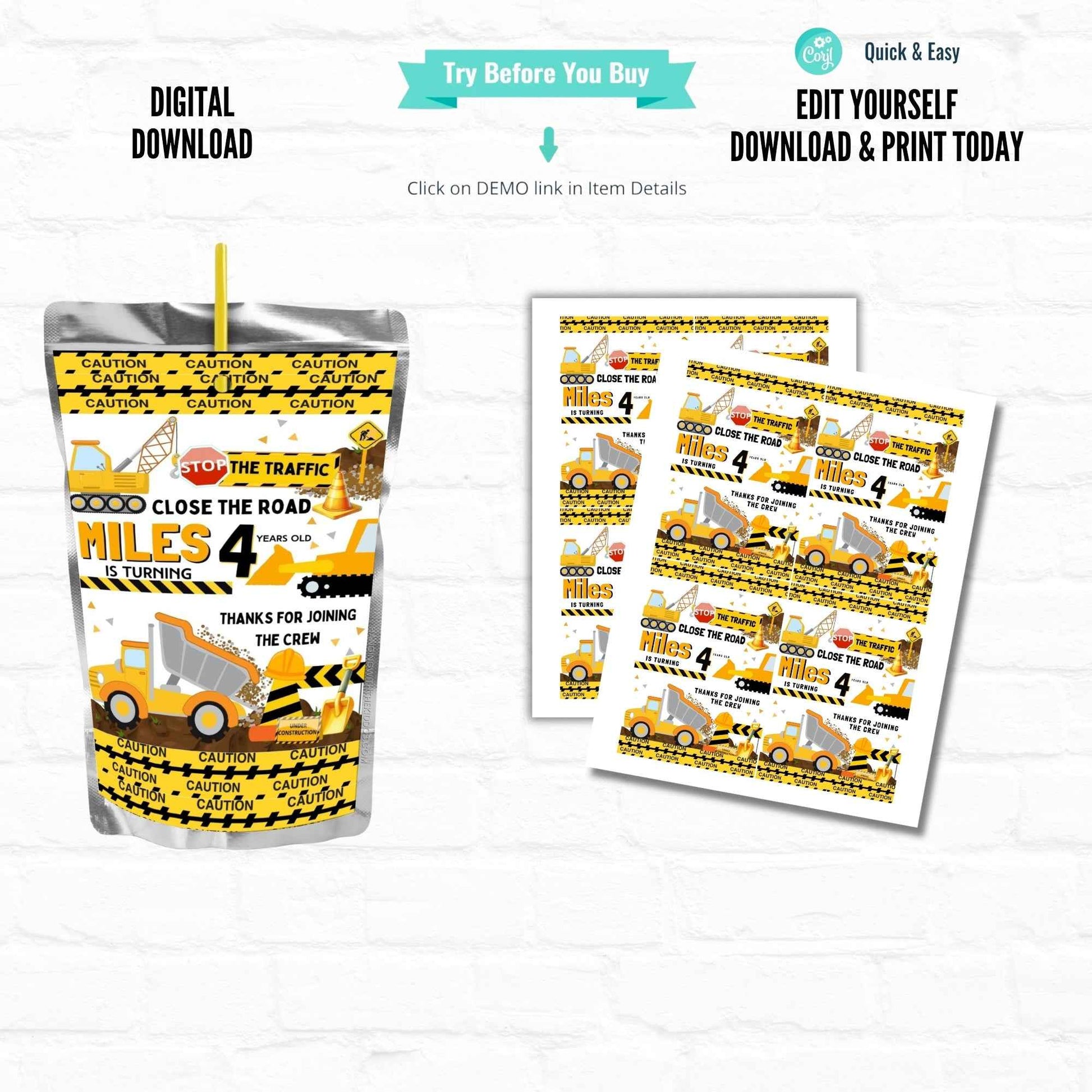 Construction Party Favor Juice Pouch Labels |Stop The Traffic Close The Road Personalized Juice Pouch Labels|Printable File Hanging with the Kiddos