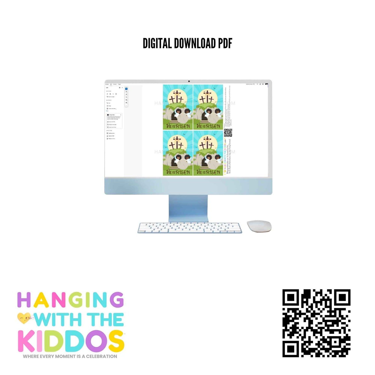 Digital download PDF of He Is Risen Easter Juice Pouch Labels displayed on a computer screen, perfect for church events and Sunday school favors.