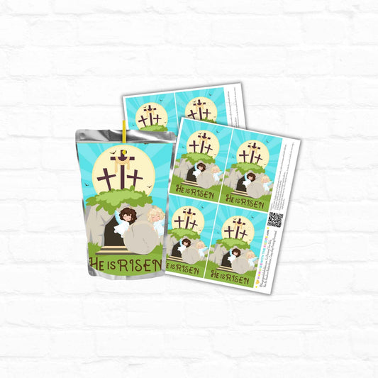 Easter Juice Pouch Labels - He Is Risen | Printables featuring cartoon tomb and crosses, ideal for religious Easter party favors and Sunday school events.