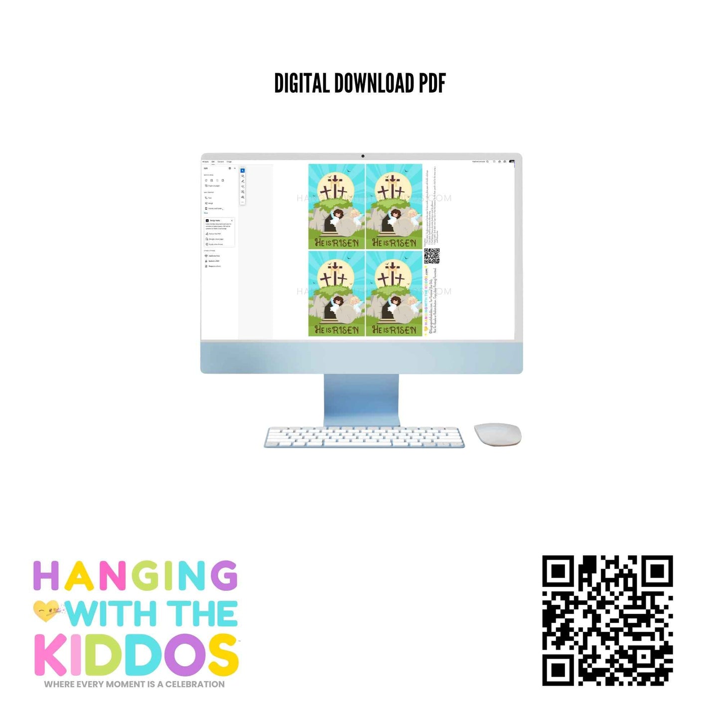 Digital download PDF of He Is Risen Easter Juice Pouch Labels shown on a desktop screen, perfect for DIY Easter party supplies and church celebrations.