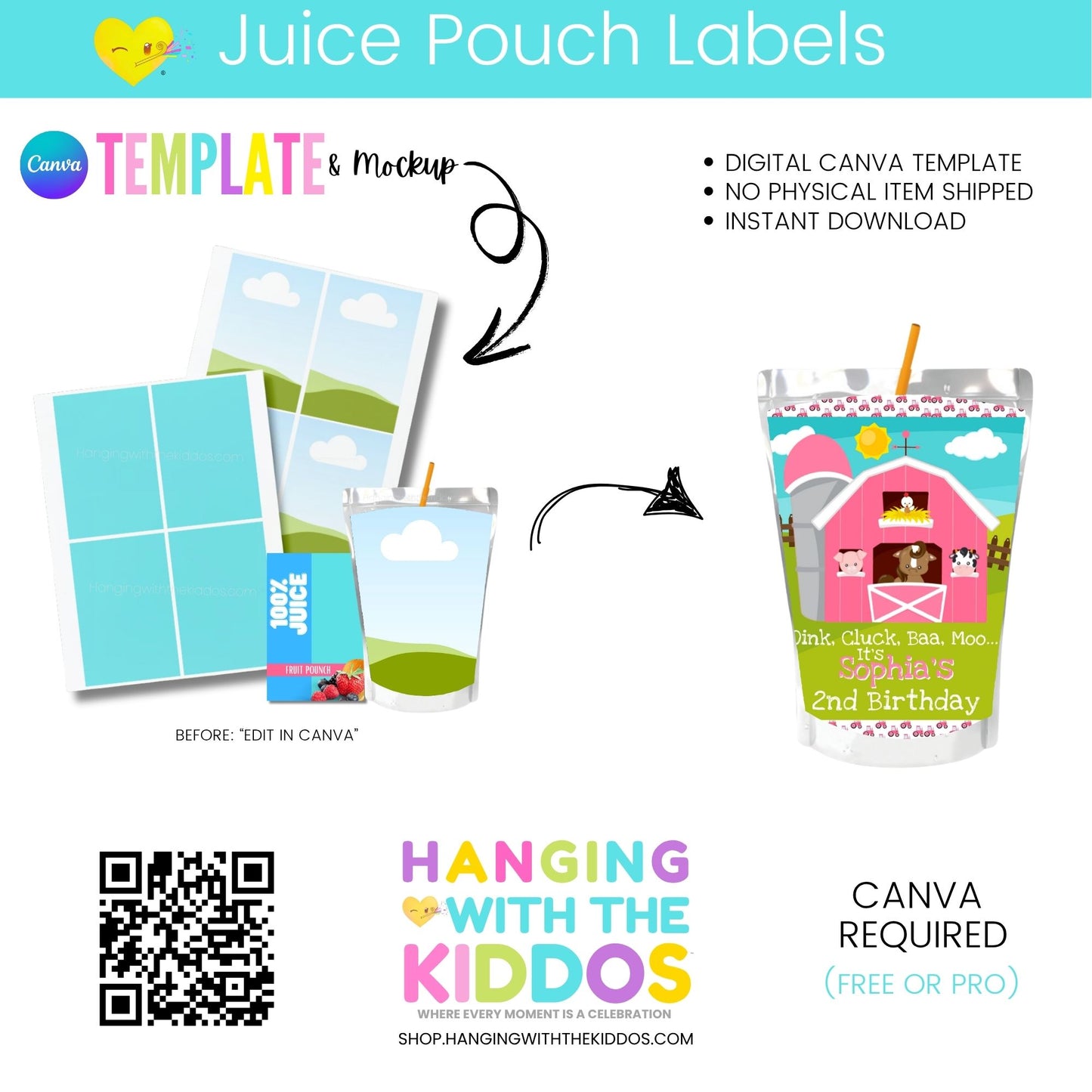 Custom Juice Pouch Labels - Canva Template & Mockup