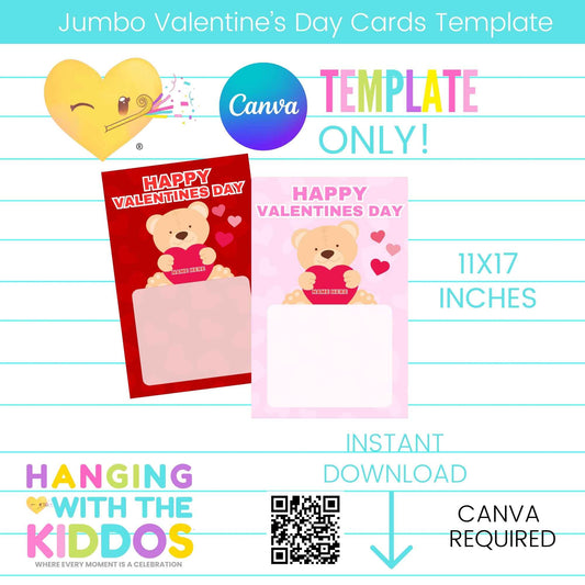 Valentine Jumbo Cards Template featuring teddy bear designs in red and pink, editable in Canva. Ideal for kids' party favors and instant download.