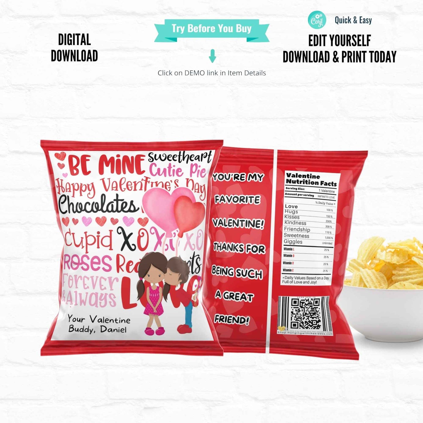 Kids Valentine Chip Bag template | Love Balloon Party Favor