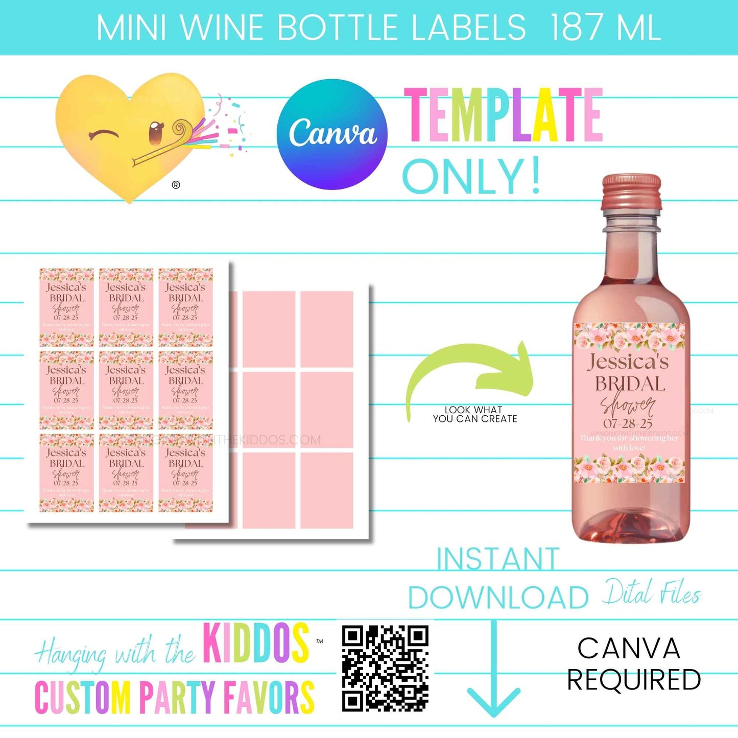 Customizable Mini Wine Bottle Labels Canva Template Hanging with the Kiddos