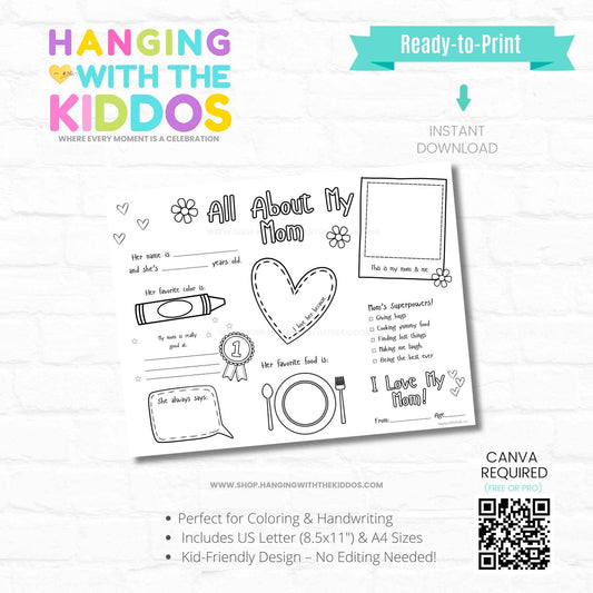 "All About My Mom" printable worksheet for kids with fun prompts and drawings, ideal for Mother's Day gifts in A4 and US Letter sizes.