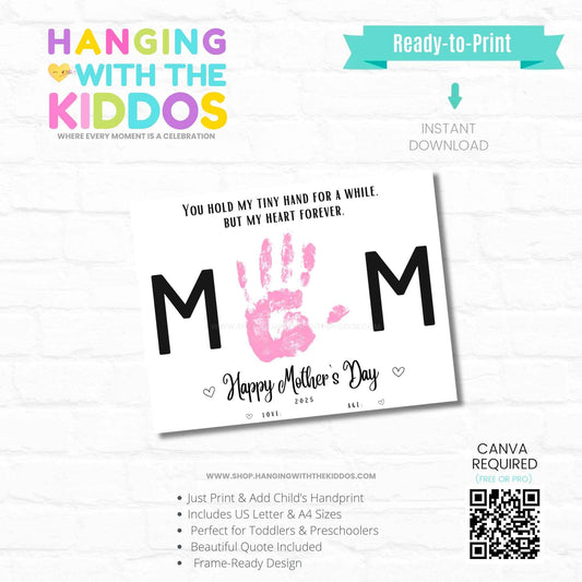 Mother’s Day Handprint Art Printable featuring 'MOM' text with space for child’s handprint, perfect for toddlers and preschoolers. Includes A4 & US Letter sizes.