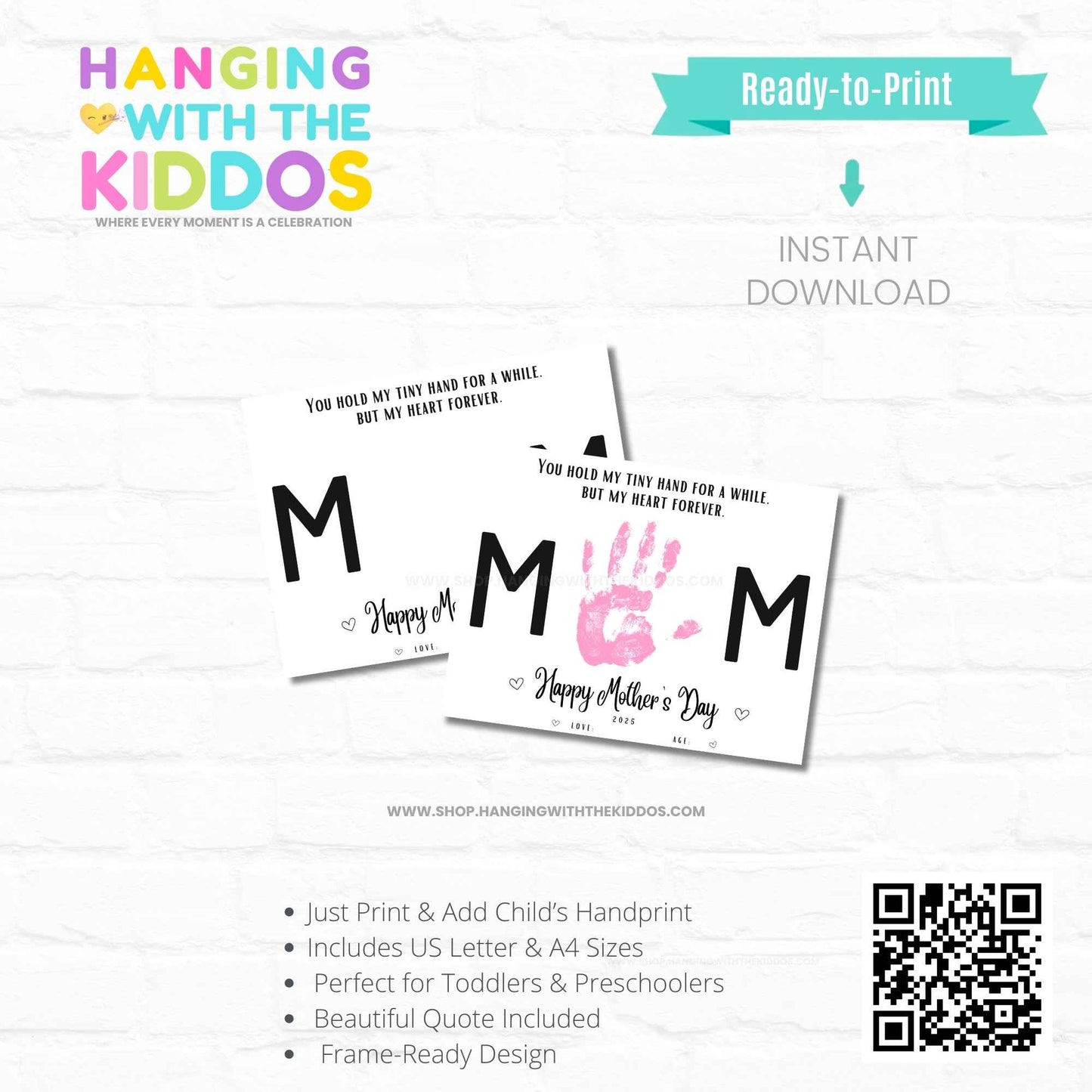 Printable Mother’s Day handprint art with customizable design for kids, ideal keepsake gift. Ready-to-print in A4 and US Letter formats.