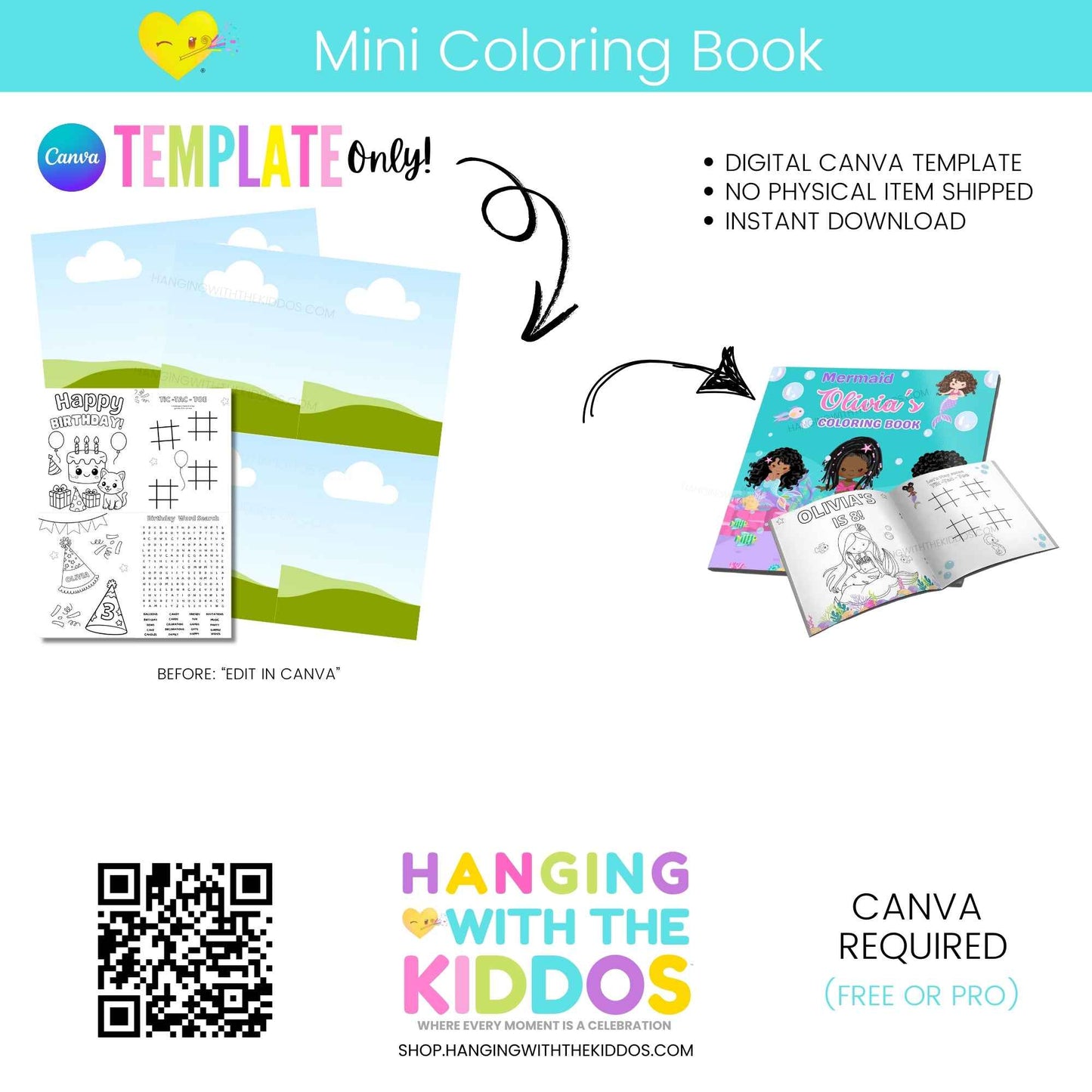 Editable Mini Coloring Book Template – Canva | Instant Download. Features customizable pages for kids' activities, ideal for party favors and gifts.