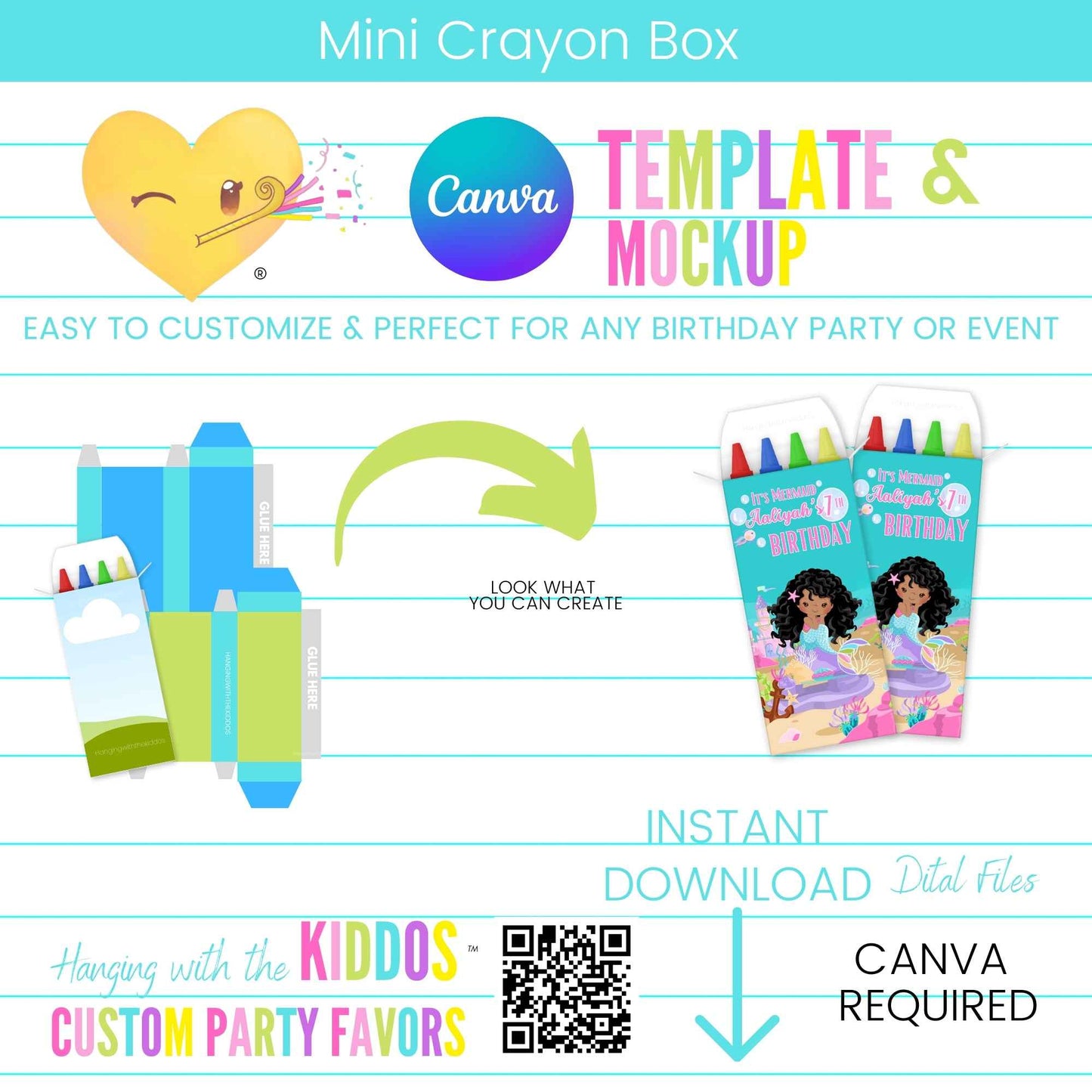 Customizable Canva mini crayon box template for party favors