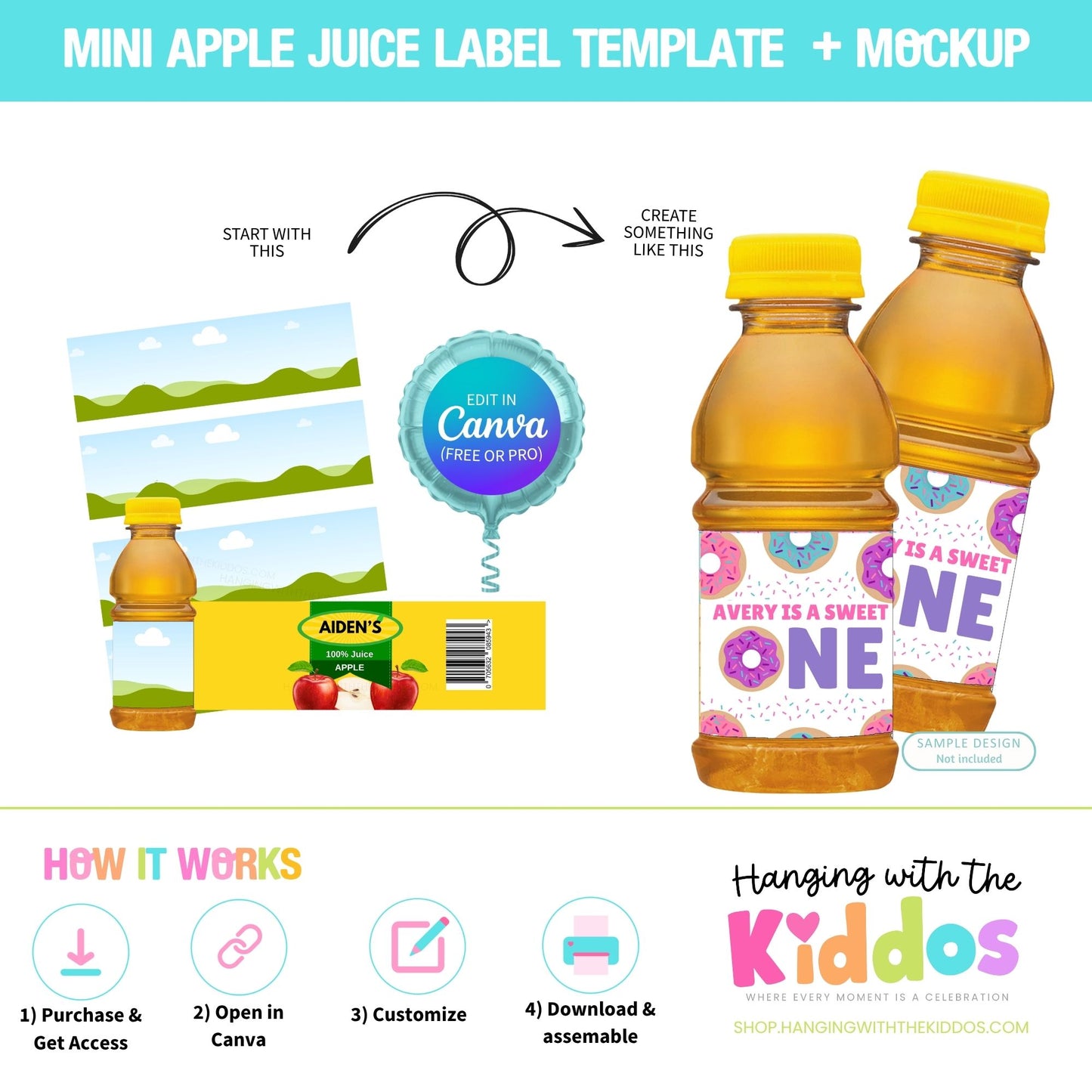 Mini Apple Juice Bottle Label Template – Editable Canva Wrap for 8 oz Bottles