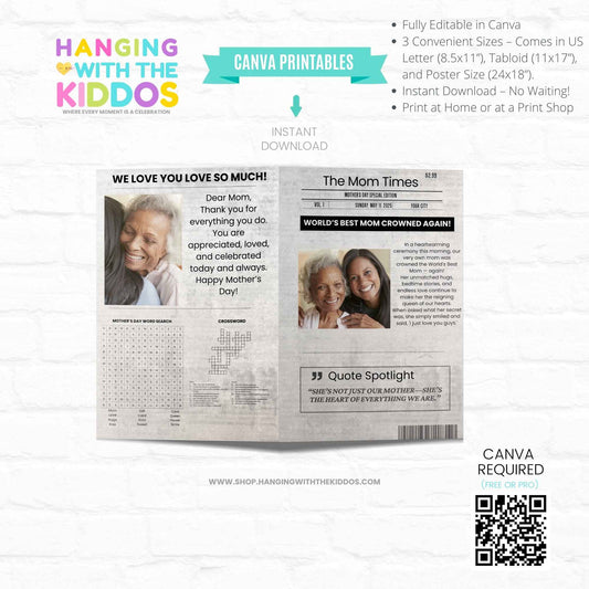 Mother’s Day Newspaper Template - Canva | Easy Customization featuring a black-and-white newspaper layout with heartfelt messages and editable sections.