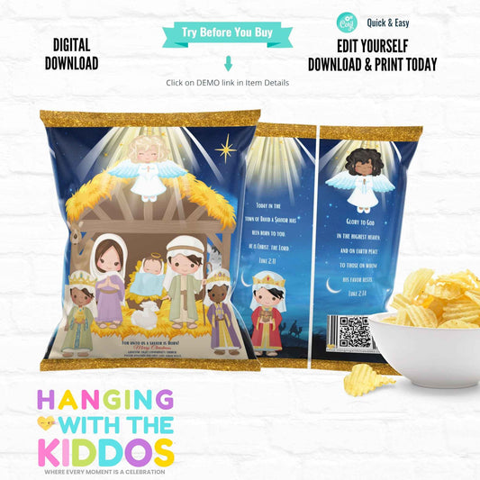 Nativity Chip Bag Template - Editable Christmas Party Favor Hanging with the Kiddos