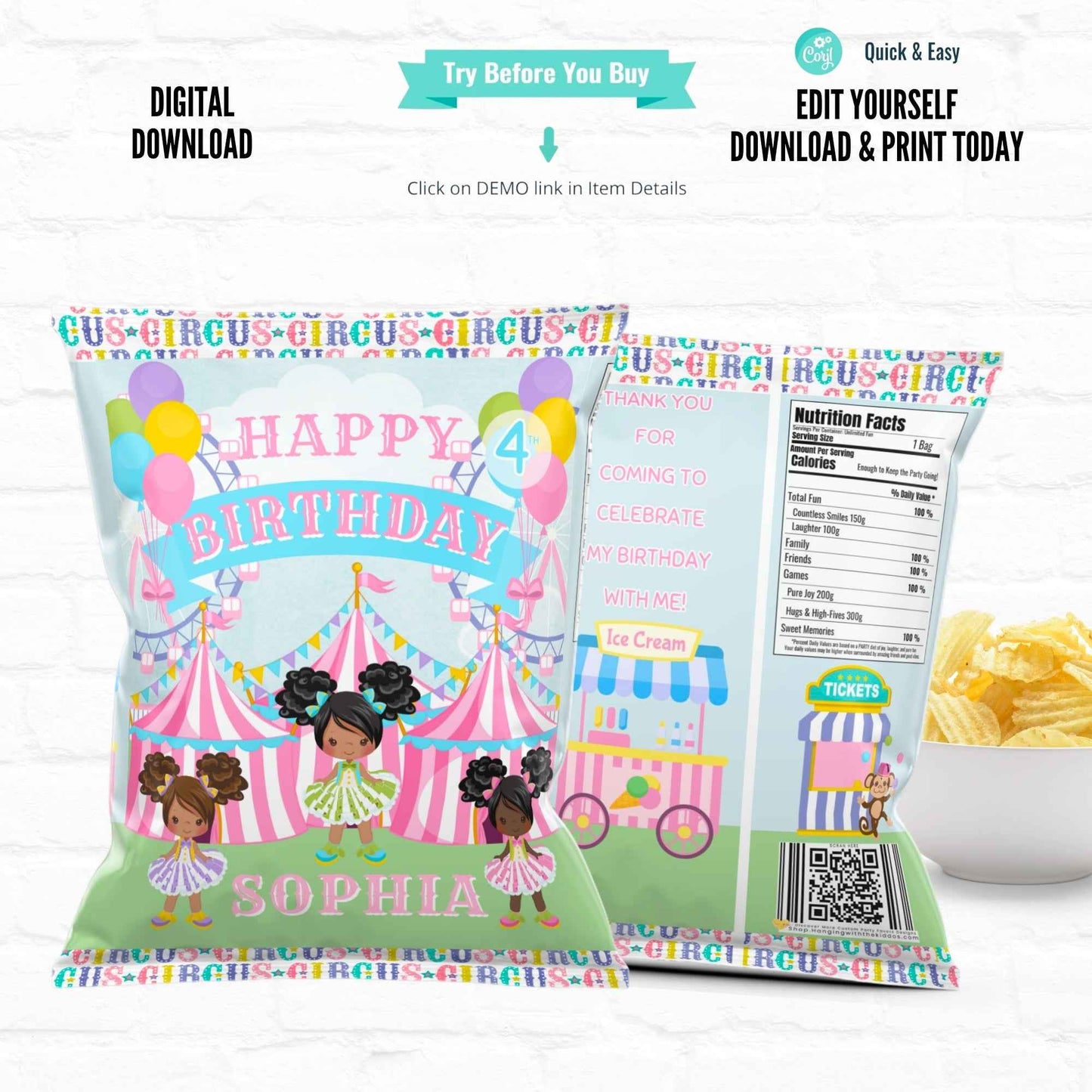 Circus Birthday Pastel Carnival Personalized Chip Bags|Printable File 01
