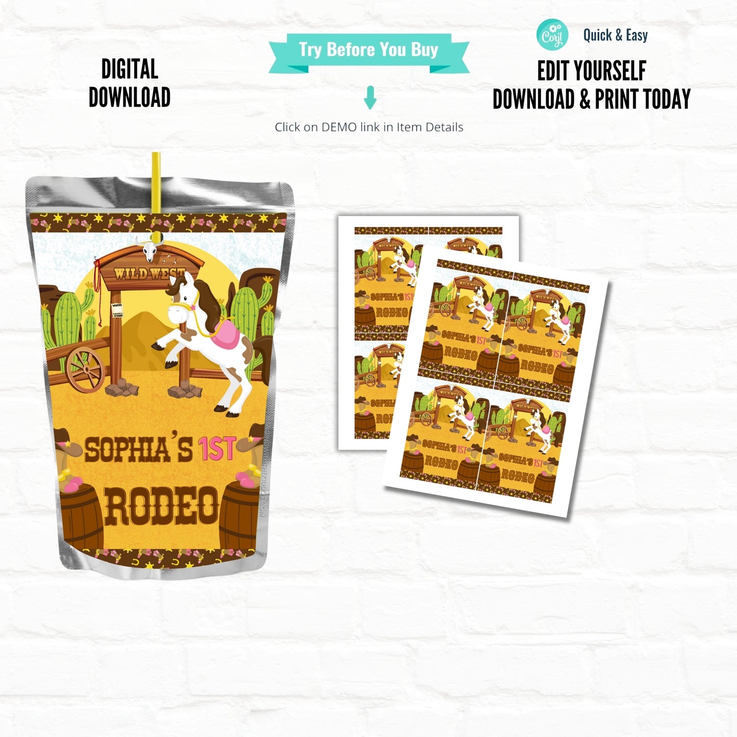Western Cowgirl Party Personalized Juice Pouch Labels | Printable File