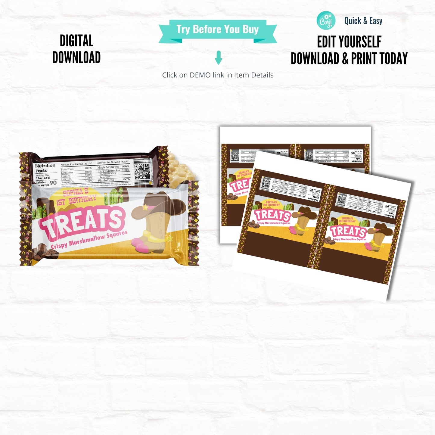 Western Pink Cowgirl Boots Personalized Rice Krispy Treats Wrappers| Printable File 01
