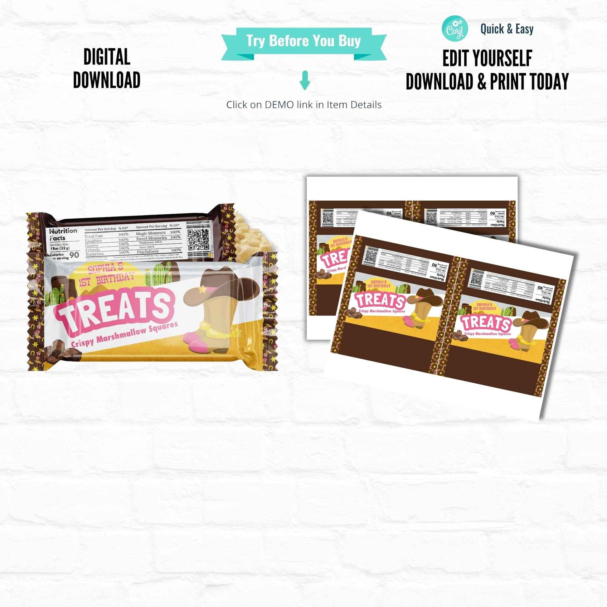Western Pink Cowgirl Boots Personalized Rice Krispy Treats Wrappers| Printable File 01
