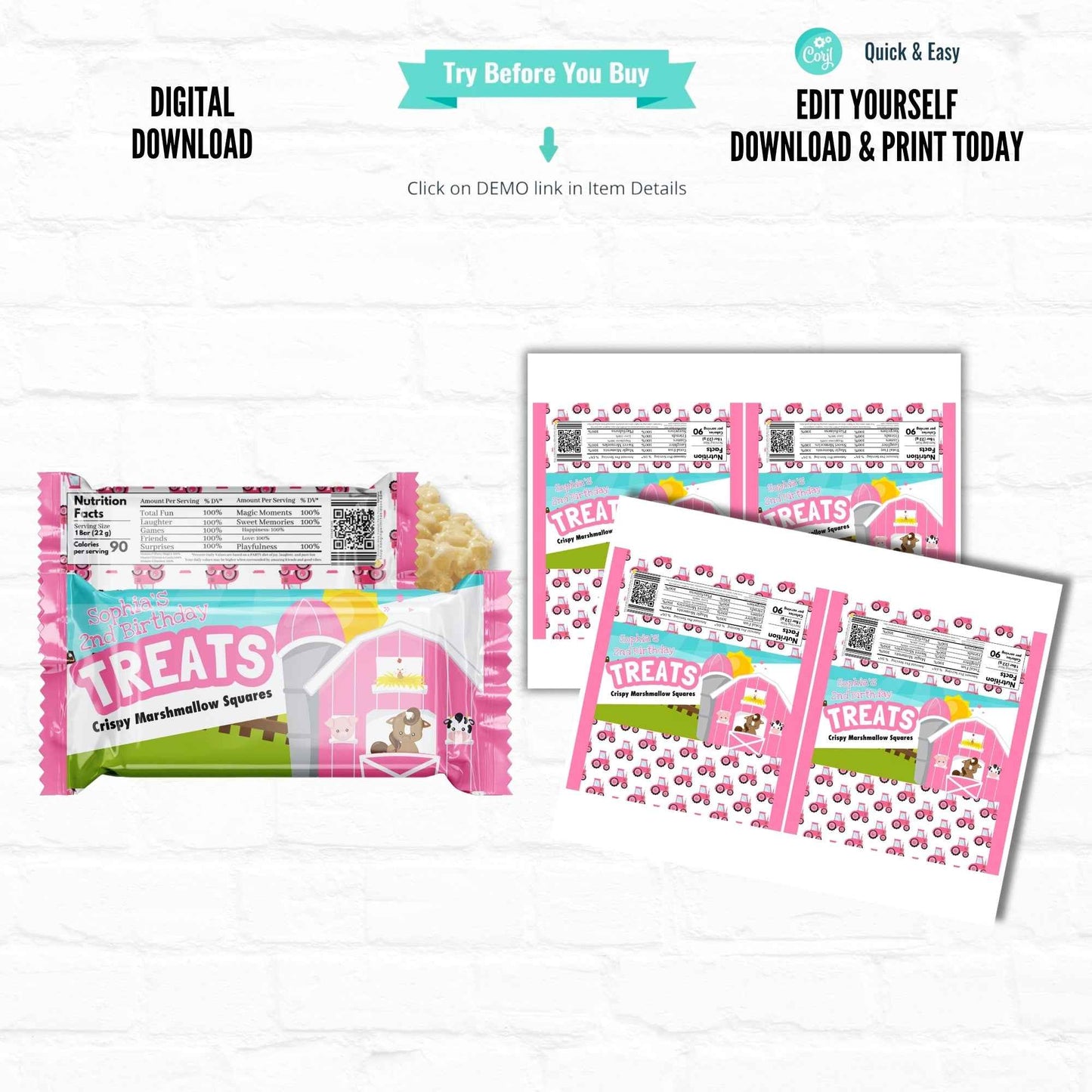 Pink Barnyard Farm Birthday Personalized Rice Krispy Treats Wrappers|Printable File