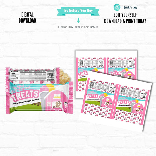 Pink Barnyard Farm Birthday Personalized Rice Krispy Treats Wrappers|Printable File