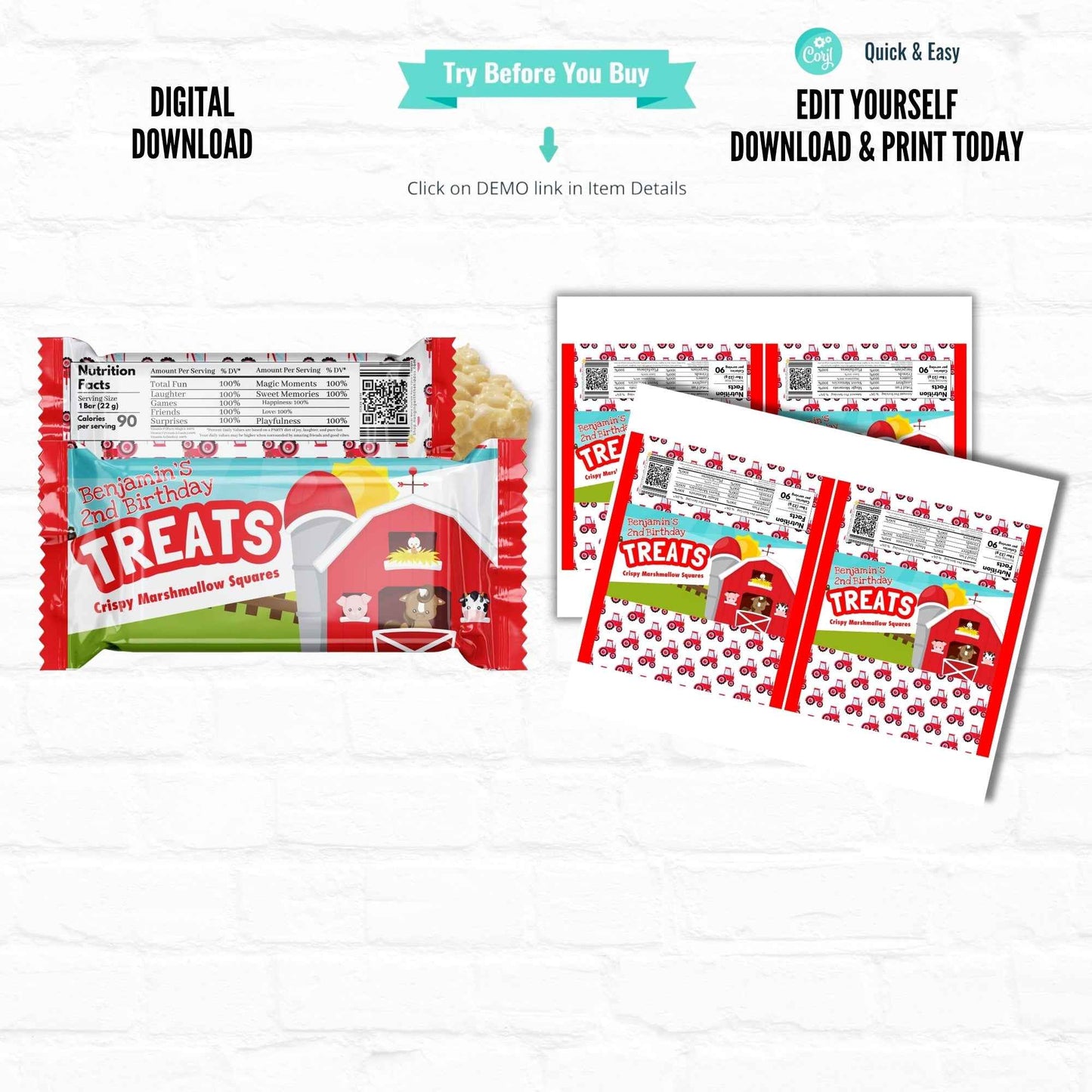Barnyard Farm Birthday Personalized Rice Krispy Treats Wrappers|Printable File