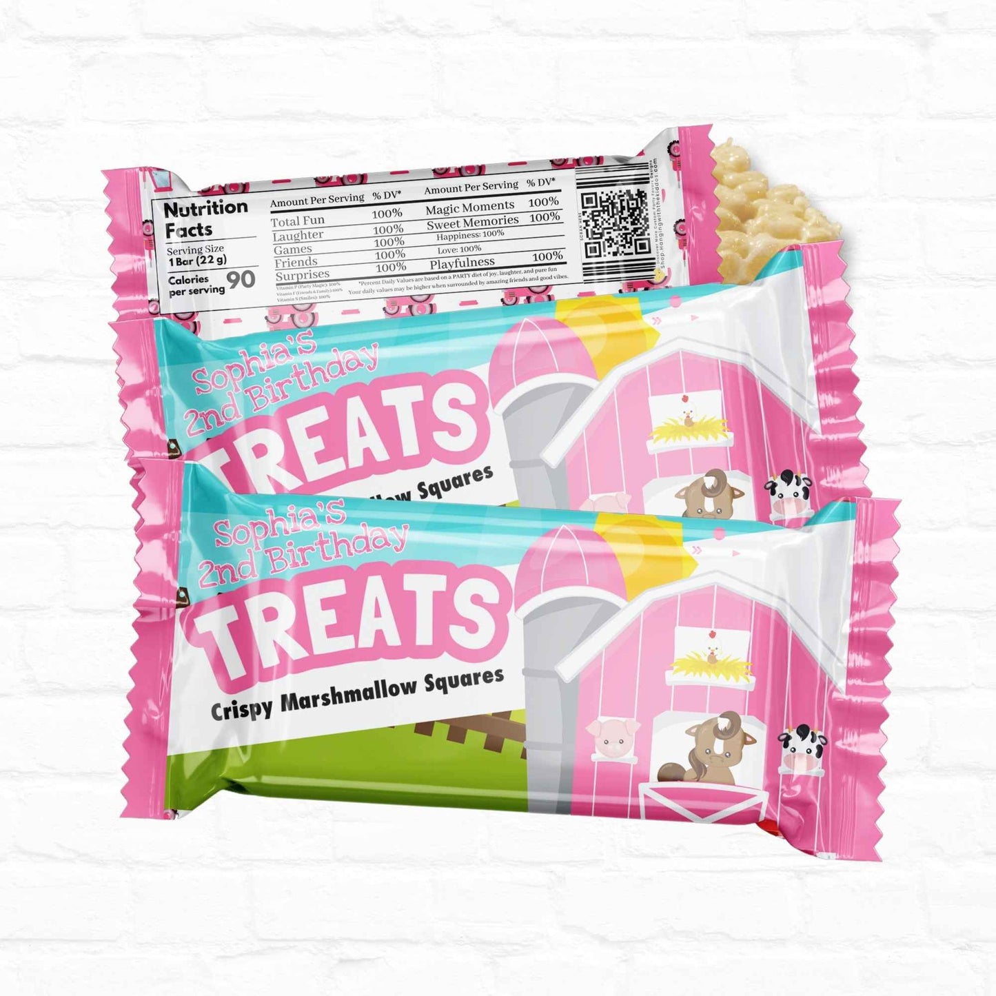 Pink Barnyard Farm Birthday Personalized Rice Krispy Treats Wrappers|Printable File