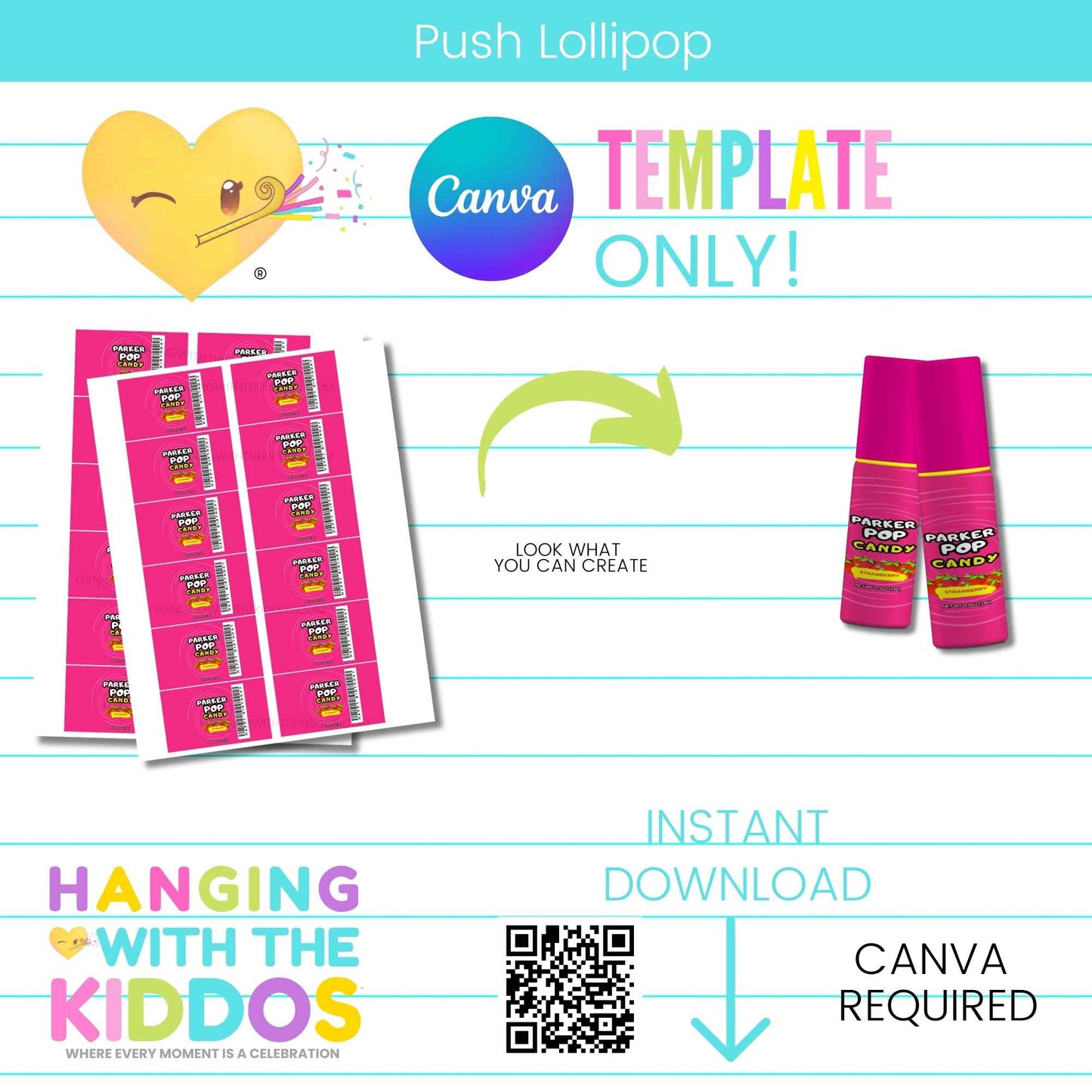 Lollipop Canva Template for customizing push pop candy labels. Ideal for party favors, editable and printable with Canva, instant download.