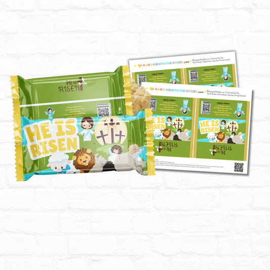He Is Risen Easter Rice Krispy Treat Wrapper with cartoon Jesus, cross, and lamb design. Ideal DIY religious favor for Easter baskets or Sunday school.