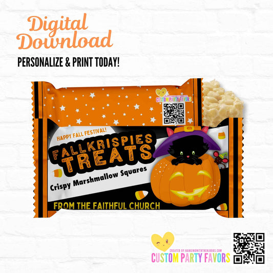 Instant Download - Fall-o-ween Rice Krispy Wrappers featuring a black cat in a witch hat on a pumpkin, perfect for church fall festivals.