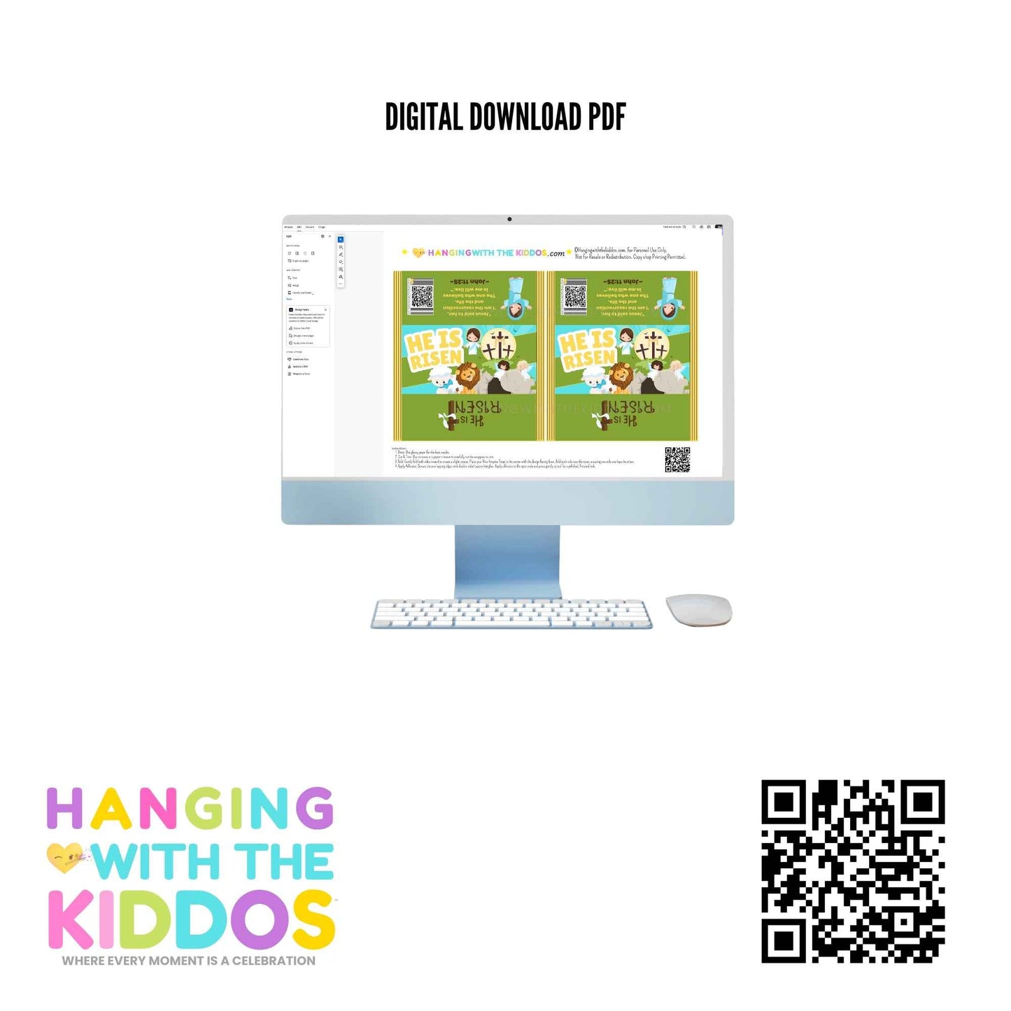 Digital download PDF preview of He Is Risen Easter Rice Krispy Treat Wrapper for DIY religious Easter party favors. Includes QR code and branding.