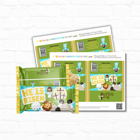 He Is Risen Easter Rice Crispy Treat Wrapper with religious theme, perfect DIY printable favor for Easter baskets and church events.