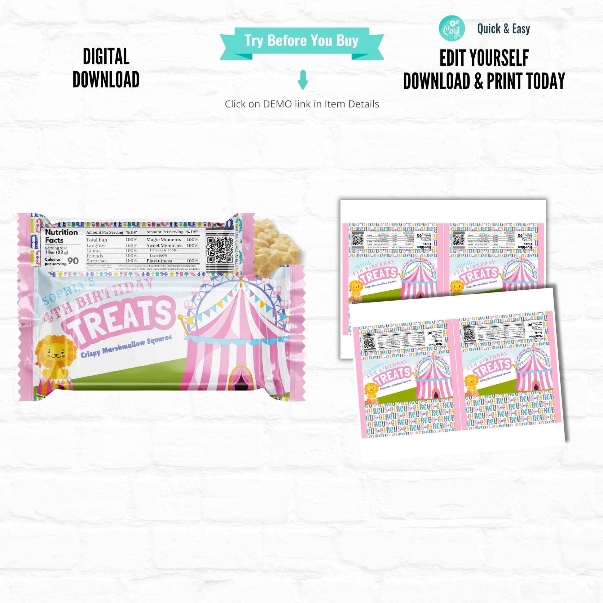 Personalized Pastel Carnival Circus Birthday Party Favors Rice Krispy Treats Printable File
