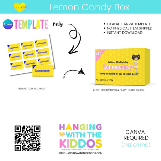 Digital lemon candy box template with Canva branding and a QR code for more information.