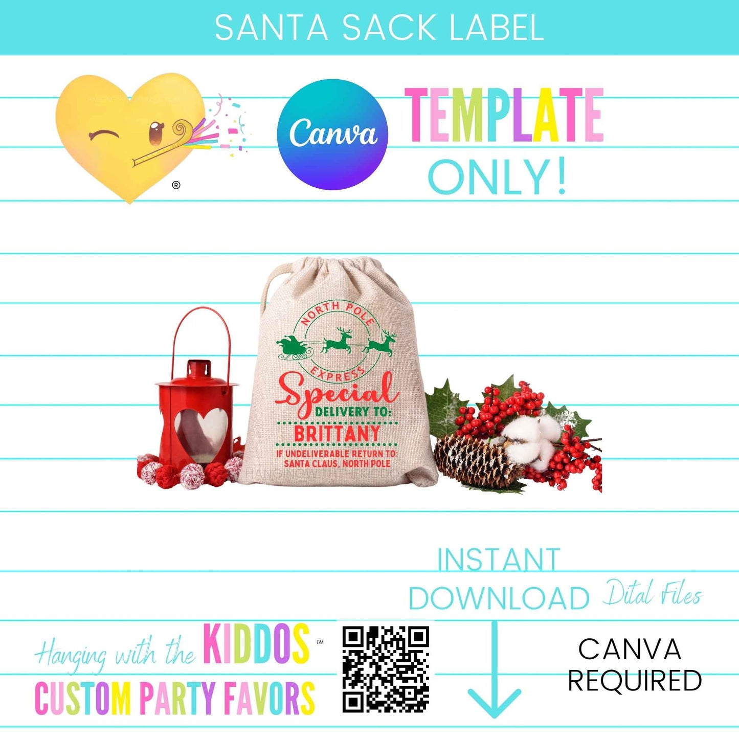Customizable Santa Sack Label Template for Christmas Gift Bags Hanging with the Kiddos