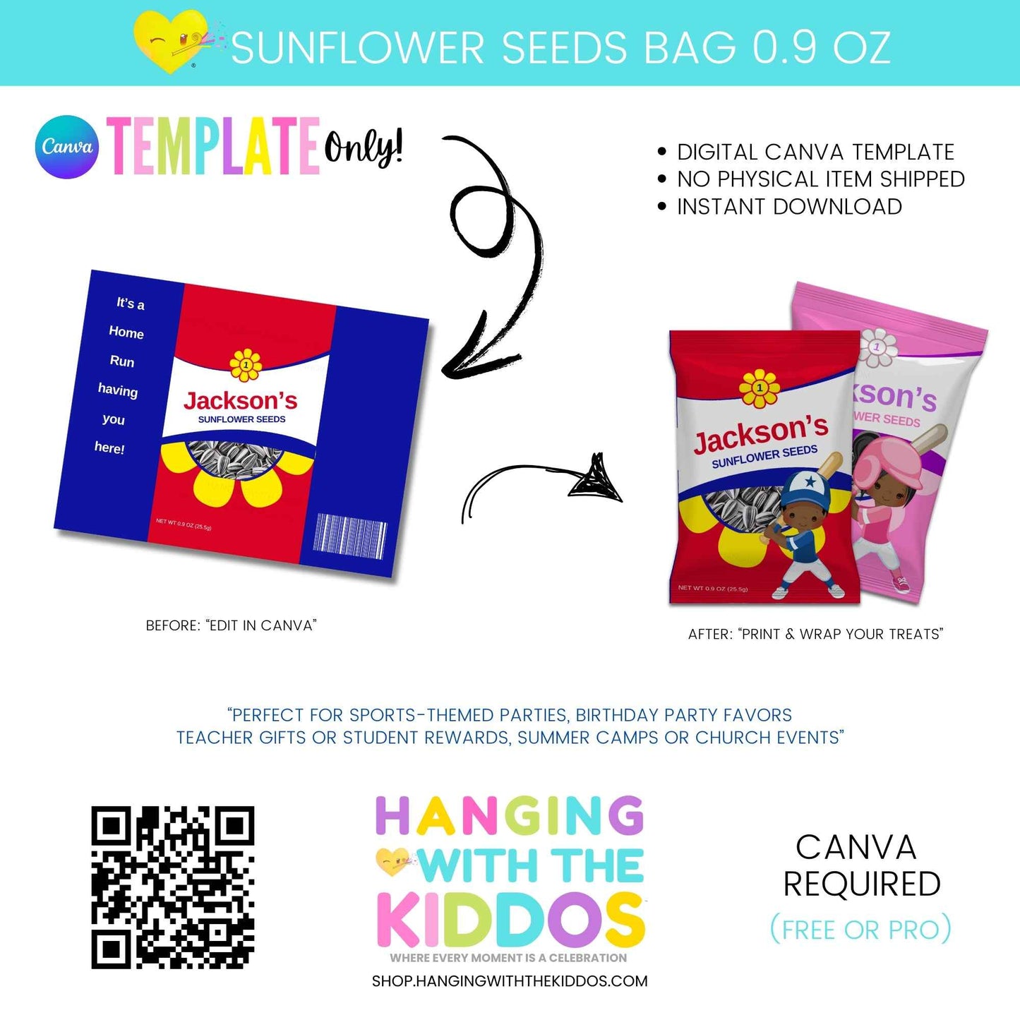 Editable Sunflower Seeds Favor Bag Label – Canva Template for 0.9 oz Seed Packs