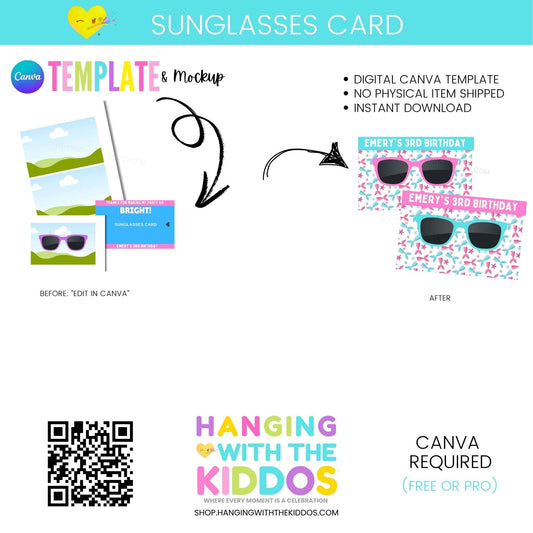 Editable Canva sunglasses card template for party favors, featuring a mockup with colorful designs for kids' birthdays. Ideal for summer celebrations.